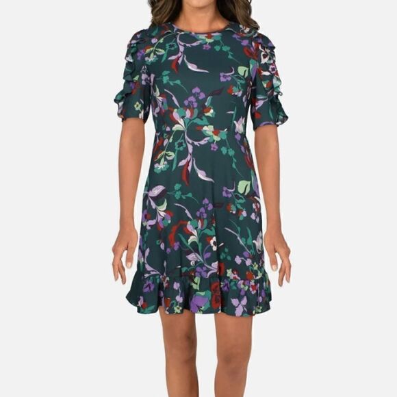 Kate Spade Fleur Nouveau dark green floral smocked ruffle mini dress size 0 - Picture 16 of 17